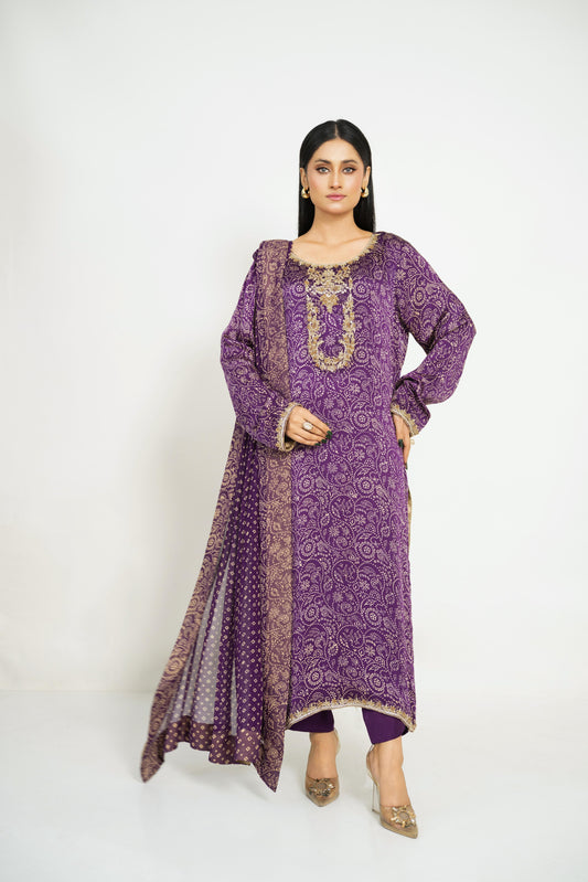 Regal Purple Printed & Embroidered